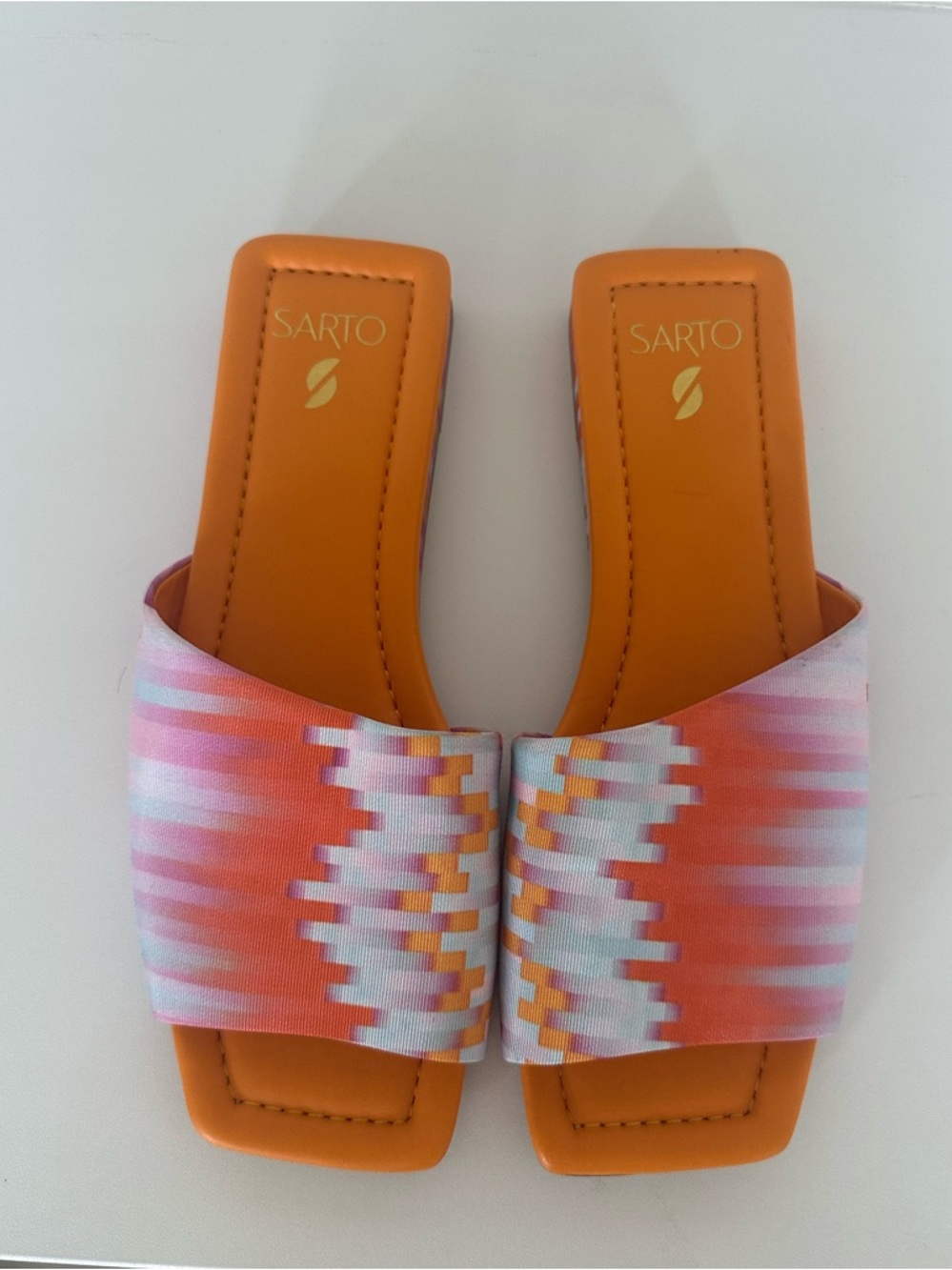 SARTO By Franco Sarto Orange and Pink Patterned Slide Sandals